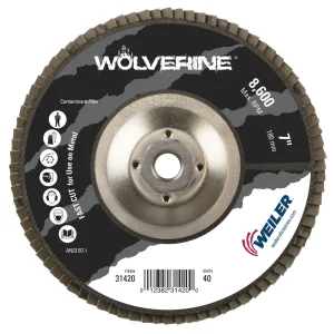 Weiler 31420 7″ Wolverine Abrasive Flap Disc, Flat (TY27), Phenolic Backing, 40Z, 5/8″-11 UNC Nut, 10/BOX