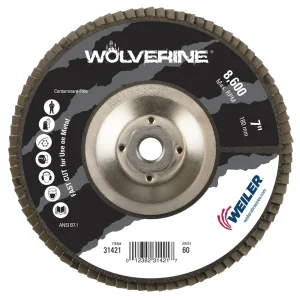Weiler 31421 7″ Wolverine Abrasive Flap Disc, Flat (TY27), Phenolic Backing, 60Z, 5/8″-11 UNC Nut, 10/BOX