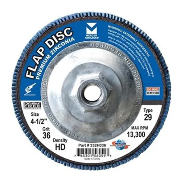 Mercer Abrasives 332H036 4-1/2″ x 5/8″-11 Type 29 Zirconia High Density Flap Discs, 10/BOX