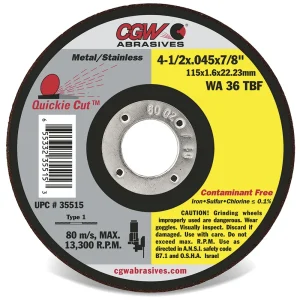 CGW Abrasives 35515 Contaminant-Free Cut-Off Wheels, Type 1 and 27 – WA36-T-RIGID, Type 1 – Size 4-1/2 x .045 x 7/8, 25/BOX