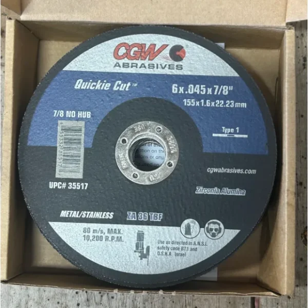 CGW Abrasives 35517 Reinforced Cut-Off Wheels, Type 1 – ZA36-T-RIGID – Size 6 x .045 x 7/8, 25/BOX