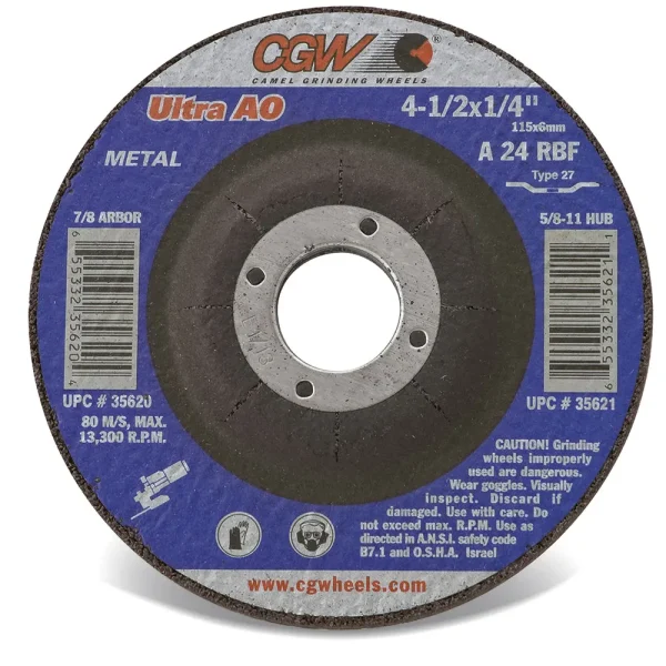 CGW Abrasives 35616 1/8″ (.125) Depressed Center Grinding Wheels, Type 27 – WA24S – STAINLESS METAL – ULTRA – Size 4-1/2 x 1/8 x 7/8, 25/BOX