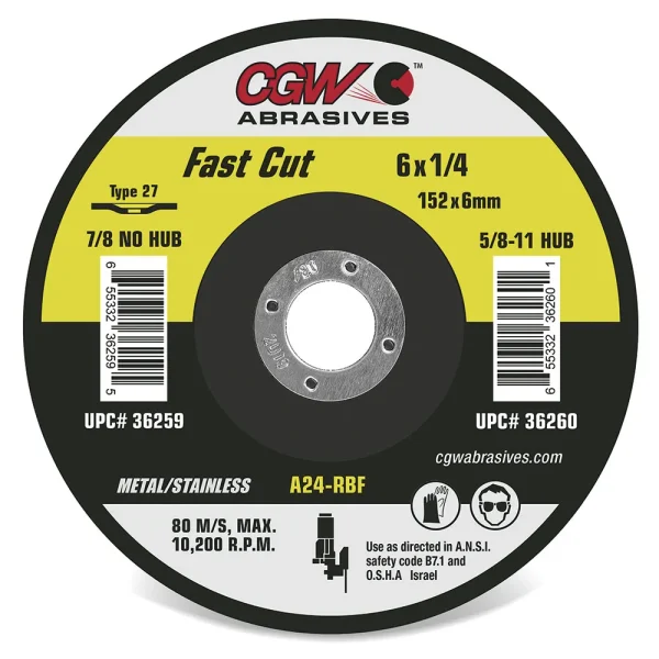 CGW Abrasives 35622 1/4″ (.25) Depressed Center Grinding Wheels, Type 27 and 28 – Type 27, FAST CUT A24N – Size 4-1/2 x 1/4 x 7/8 – Grit T27, 25/BOX