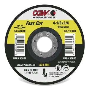 CGW Abrasives 35622 1/4″ (.25) Depressed Center Grinding Wheels, Type 27 and 28 – Type 27, FAST CUT A24N – Size 4-1/2 x 1/4 x 7/8 – Grit T27, 25/BOX