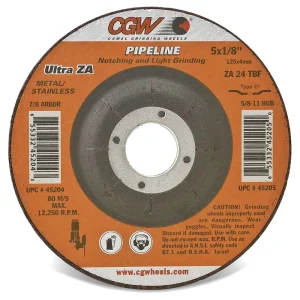 CGW Abrasives 35667 Pipeline 1/8″ (.160) Depressed Center Grinding Wheels, Type 27 – ZA24T METAL/STAINLESS – ULTRA – Size 4-1/2 x 1/8 x 7/8, 10/BOX