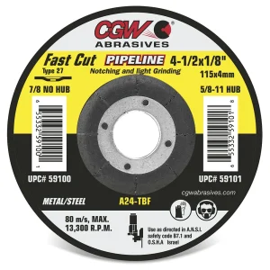 CGW Abrasives 35667 Pipeline 1/8″ (.160) Depressed Center Grinding Wheels, Type 27 – ZA24T METAL/STAINLESS – ULTRA – Size 4-1/2 x 1/8 x 7/8, 10/BOX