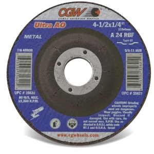 CGW Abrasives 35675 1/8″ (.125) Depressed Center Grinding Wheels, Type 27 – A24R – STEEL – ULTRA – Size 5 x 1/8 x 7/8, 25/BOX