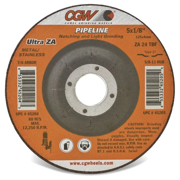 CGW Abrasives 35681 Pipeline 1/8″ (.160) Depressed Center Grinding Wheels, Type 27 – ZA24T METAL/STAINLESS – ULTRA – Size 7 x 1/8 x 7/8, 10/BOX