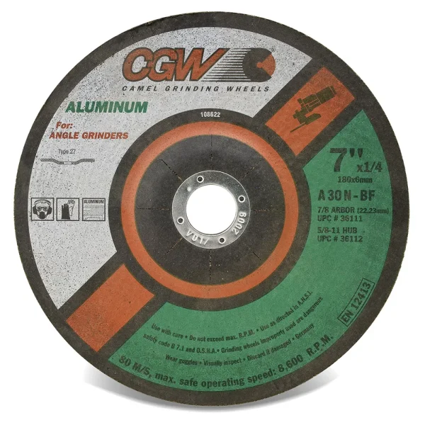 CGW Abrasives 36110 Aluminum Depressed Center Wheels, Type 27 – Type 27, FAST CUT A24R – METAL – Size 5 x 1/4 x 5/8-11, 10/BOX