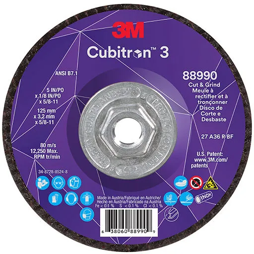 3M Cubitron 3 Cut and Grind Wheel, 36+, T27, 5″ x 1/8″ x 5/8″-11 | 7100313204