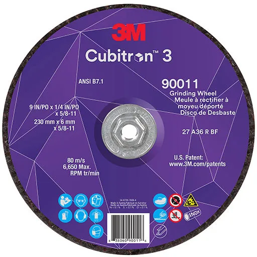 3M Cubitron 3 Depressed Center Grinding Wheel, 36+, T27, 9″ x 1/4″ x 5/8″-11 | 7100312964