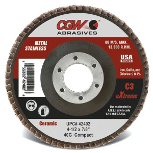 CGW Abrasives 42404 C3 Ceramic Flap Discs – Compact Regular – Size 4-1/2 x 7/8 – Grit 60, 10/BOX