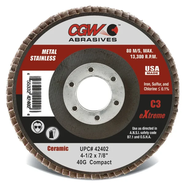 CGW Abrasives 42414 C3 Ceramic Flap Discs – Compact Regular – Size 4-1/2 x 5/8-11 – Grit 60, 10/BOX