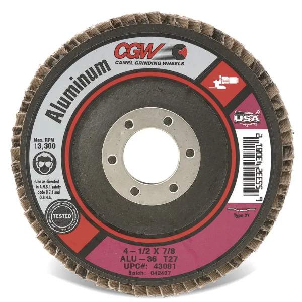 CGW Abrasives 43084 Aluminum Flap Disc- Type 27 – Size 4-1/2 x 7/8 – Grit 60, 10/BOX