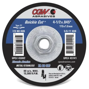 CGW Abrasives 45002 Reinforced Cut-Off Wheels, Type 27 – Size 4-1/2 x .045 x 7/8, 25/BOX
