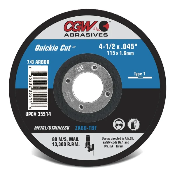 CGW Abrasives 45012 Reinforced Cut-Off Wheels, Type 1 – ZA60-TB-FLEX – Size 6 x .040 x 7/8, 25/BOX