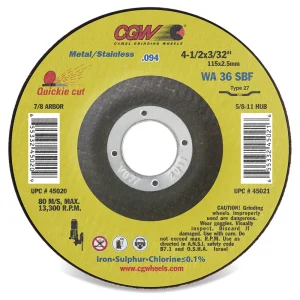 CGW Abrasives 45021 Thin Reinforced Cut-Off Wheels – Type 27 – Size 4-1/2 x 3/32 x 5/8-11, 10/BOX
