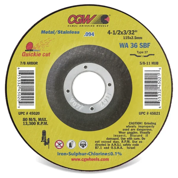 CGW Abrasives 45021 Thin Reinforced Cut-Off Wheels – Type 27 – Size 4-1/2 x 3/32 x 5/8-11, 10/BOX
