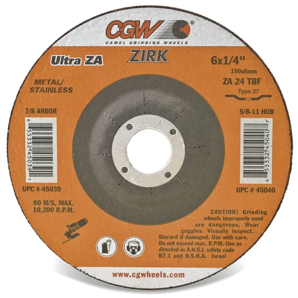 CGW Abrasives 45082 1/4″ (.25, 6.4mm) Depressed Center Grinding Wheels, Type 27 – WA24S – STAINLESS/METAL – Size 9 x 1/4 x 5/8-11, 25/BOX