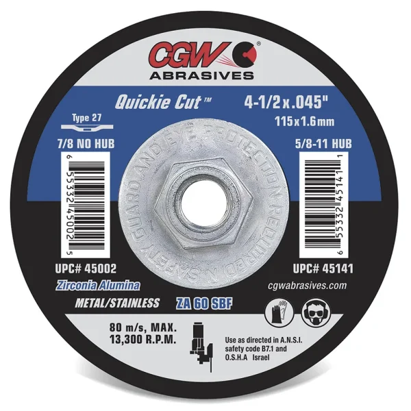 CGW Abrasives 45141 Reinforced Cut-Off Wheels, Type 27 – Size 4-1/2 x .045 x 5/8-11, 10/BOX