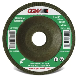 CGW Abrasives 49544 Green Grind Grinding Wheels, Type 27 – Size 4-1/2 x 5/32 (4mm) x 5/8-11 – Grit 36, 10/BOX