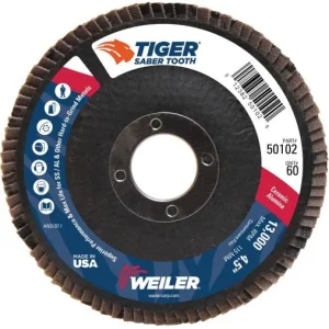 Weiler Tiger Ceramic Flap Disc- 4 1/2″ Type 29 7/8 Arbor 60 Grit 50102