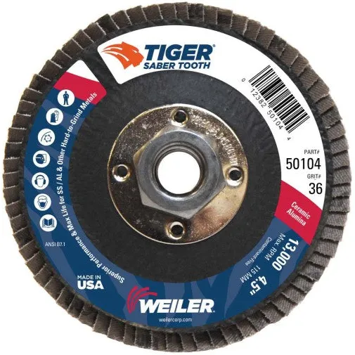 Weiler Tiger Ceramic Flap Disc- 4 1/2″ Type 29 w/Hub 36 Grit 50104