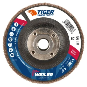 Weiler 50106 4-1/2″ Tiger Ceramic Abrasive Flap Disc, Conical (TY29), Phenolic Back,60C, 5/8″-11 UNC Nut, 10/BOX
