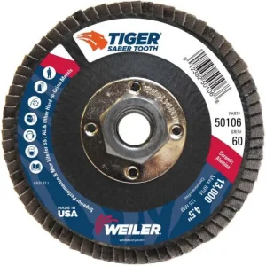 Weiler Tiger Ceramic Flap Disc- 4 1/2″ Type 29 w/Hub 60 Grit 50106