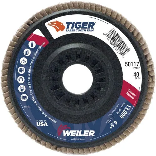 Weiler Tiger Trim Ceramic Flap Disc- 4 1/2″ Type 29 7/8 Arbor 40 Grit 50117