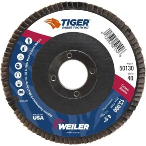 Weiler Tiger Ceramic HD Flap Disc – 4 1/2″ Type 27 7/8 Arbor 40 Grit 50130