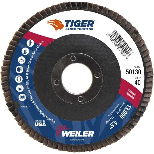 Weiler Tiger Ceramic HD Flap Disc – 4 1/2″ Type 27 7/8 Arbor 40 Grit 50130