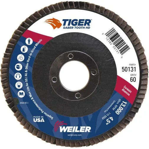 Weiler Tiger Ceramic HD Flap Disc – 4 1/2″ Type 27 7/8 Arbor 60 Grit 50131