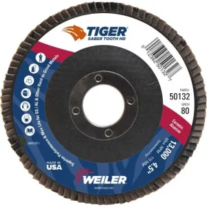Weiler Tiger Ceramic HD Flap Disc – 4 1/2″ Type 27 7/8 Arbor 80 Grit 50132