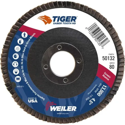 Weiler Tiger Ceramic HD Flap Disc – 4 1/2″ Type 27 7/8 Arbor 80 Grit 50132