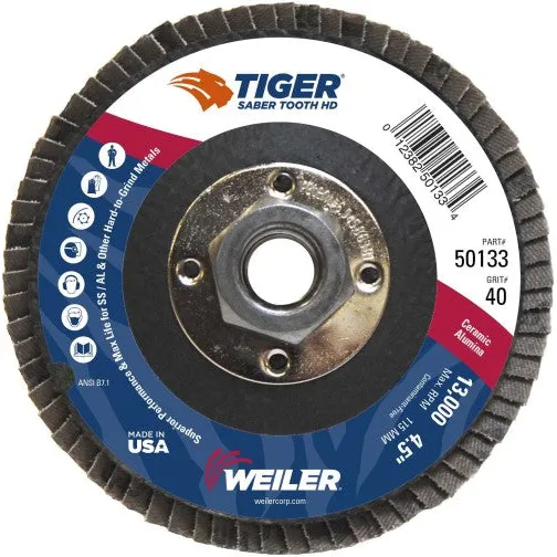 Weiler Tiger Ceramic HD Flap Disc – 4 1/2″ Type 27 w/Hub 40 Grit 50133