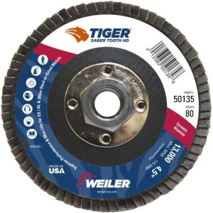 Weiler Tiger Ceramic HD Flap Disc – 4 1/2″ Type 27 w/Hub 80 Grit 50135