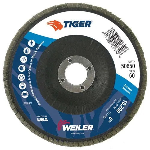 Weiler Tiger Flap Disc – 6″ Type 29 7/8 Arbor 60 Grit 50650