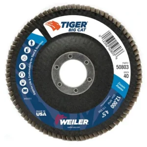 Weiler Tiger Big Cat Flap Disc – 4 1/2″ Type 27 7/8 Arbor 40 Grit 50803