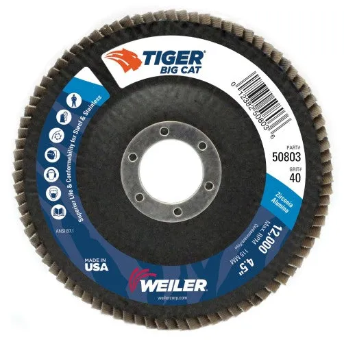 Weiler Tiger Big Cat Flap Disc – 4 1/2″ Type 27 7/8 Arbor 40 Grit 50803