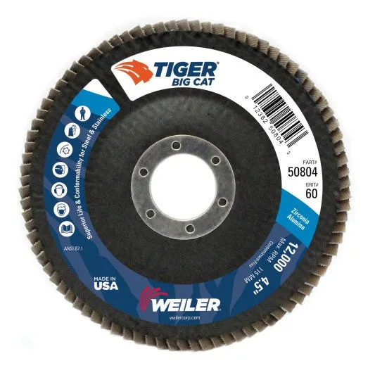 Weiler Tiger Big Cat Flap Disc – 4 1/2″ Type 27 7/8 Arbor 60 Grit 50804