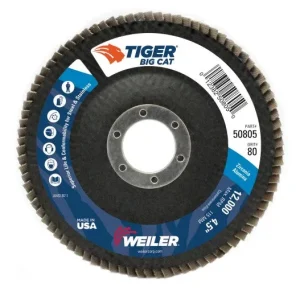 Weiler Tiger Big Cat Flap Disc – 4 1/2″ Type 27 7/8 Arbor 80 Grit 50805