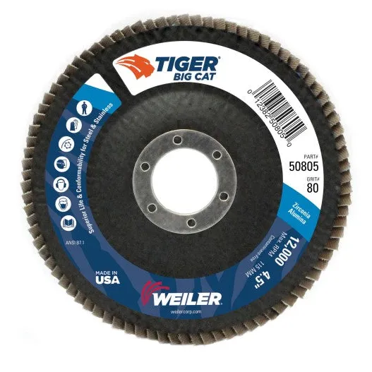 Weiler Tiger Big Cat Flap Disc – 4 1/2″ Type 27 7/8 Arbor 80 Grit 50805