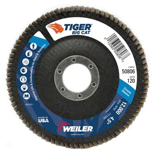 Weiler Tiger Big Cat Flap Disc – 4 1/2″ Type 27 7/8 Arbor 120 Grit 50806