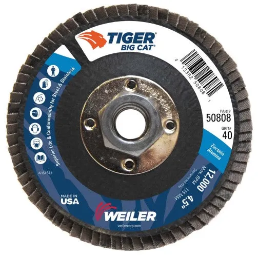 Weiler Tiger Big Cat Flap Disc – 4 1/2″ Type 27 w/Hub 40 Grit 50808