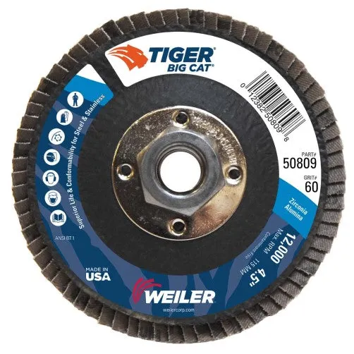 Weiler Tiger Big Cat Flap Disc – 4 1/2″ Type 27 w/Hub 60 Grit 50809