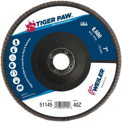 Weiler Tiger Paw Flap Disc – 7″ Type 29 7/8 Arbor 40 Grit 51145