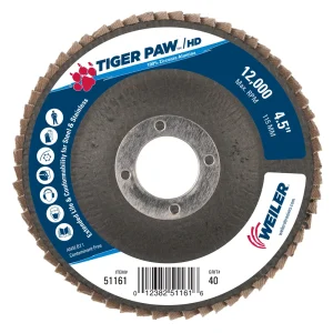Weiler 51161 4-1/2″ Tiger Paw Super High Density Flap Disc, Flat (TY27), Phenolic Backing, 40Z, 7/8″ Arbor Hole, 10/BOX