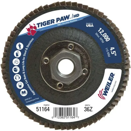 Weiler Tiger Paw HD Flap Disc – 4 1/2″ Type 27 w/Hub 36 Grit 51164