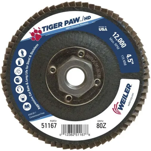 Weiler Tiger Paw HD Flap Disc – 4 1/2″ Type 27 w/Hub 80 Grit 51167